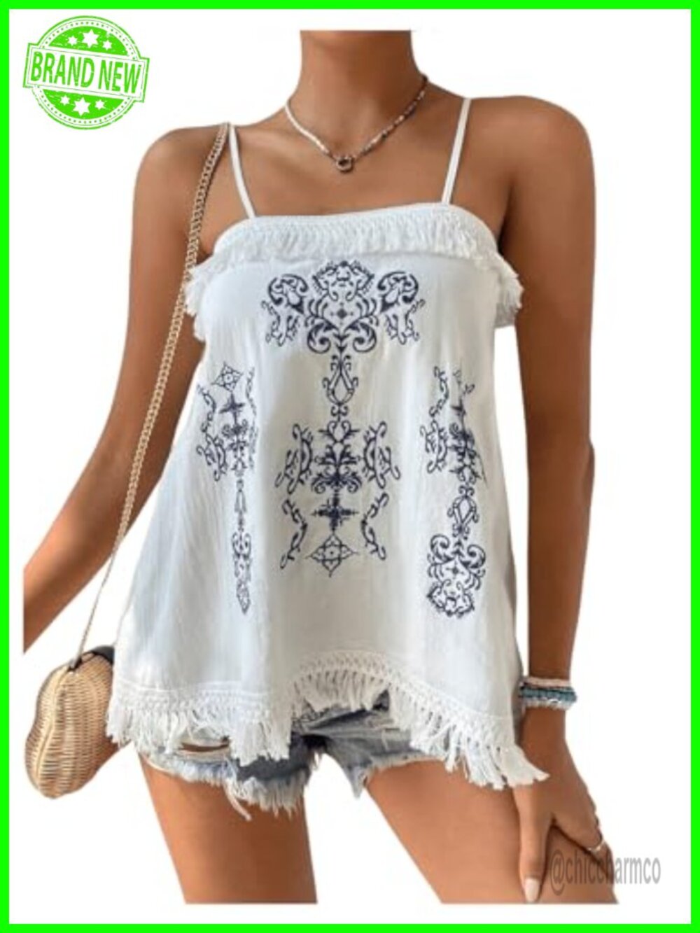 WDIRARA Womens Boho Embroidered Fringe Cami Tank Top Summer Beach